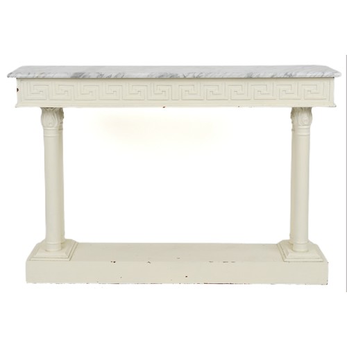 2106 - Contemporary white painted Greek key design console table with marble top, 91cm H x 131.5cm W x 29.5... 