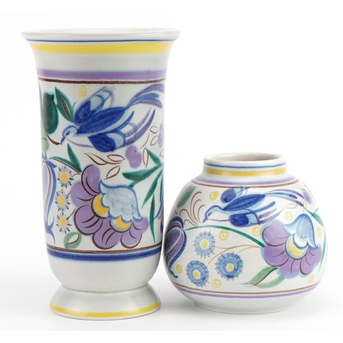 229 - Two Mid century Poole pottery vases hand painted in the Bluebird pattern, the largest 21.5cm high