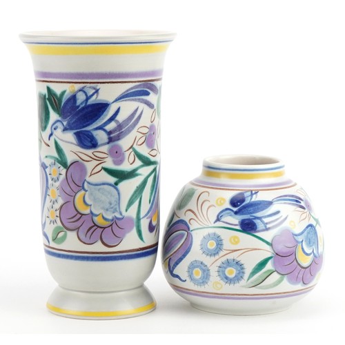 229 - Two Mid century Poole pottery vases hand painted in the Bluebird pattern, the largest 21.5cm high