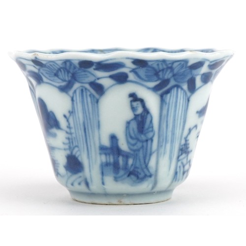 590 - Chinese blue and white porcelain fluted tea bowl hand painted with panels of figures, 6.5cm in diame... 