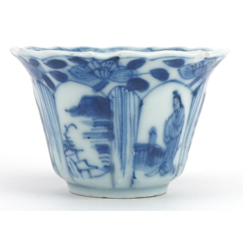 590 - Chinese blue and white porcelain fluted tea bowl hand painted with panels of figures, 6.5cm in diame... 