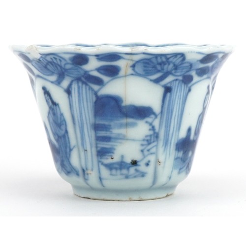 590 - Chinese blue and white porcelain fluted tea bowl hand painted with panels of figures, 6.5cm in diame... 