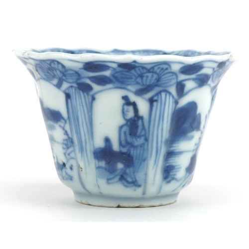 590 - Chinese blue and white porcelain fluted tea bowl hand painted with panels of figures, 6.5cm in diame... 