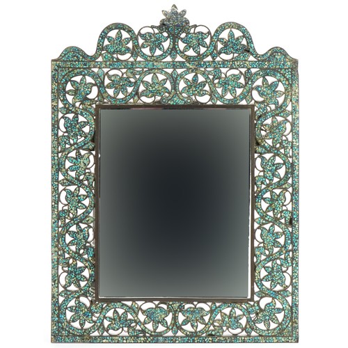 572 - Middle Eastern brass matrix turquoise foliate wall mirror, 43.5cm x 31cm