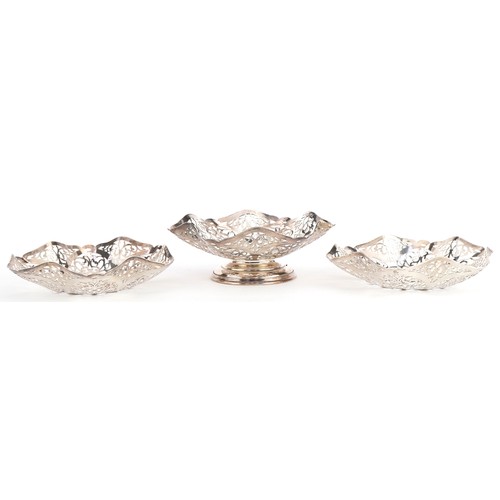 689 - S J Levi & Co, pair of Elizabeth II silver pierced bonbon dishes and a similar footed bonbon dish, B... 