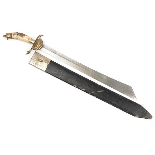 1410 - Military interest short sword and scabbard with staghorn handle and engraved steel blade, 82cm in le... 