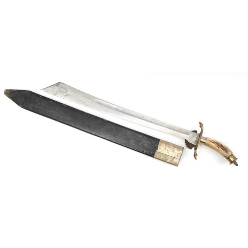 1410 - Military interest short sword and scabbard with staghorn handle and engraved steel blade, 82cm in le... 