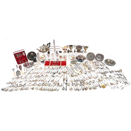 2421 - Silver plated metalware including flatware, good quality basket with twin handles surmounted with bu... 