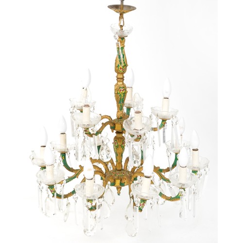 2206 - Ornate gilt metal seventeen branch chandelier with glass drops, hand painted with flowers, approxima... 