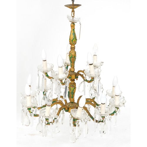 2206 - Ornate gilt metal seventeen branch chandelier with glass drops, hand painted with flowers, approxima... 