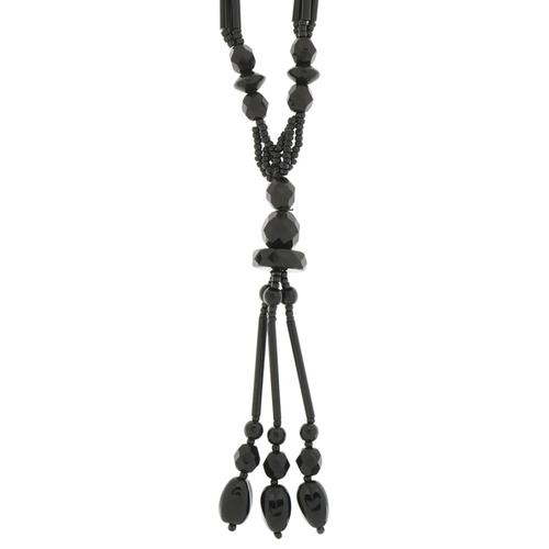 3690 - Vintage black and amethyst glass necklace with tassel pendant, 58cm in length, 19.0g