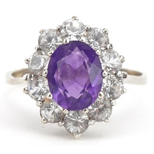 3404 - 14ct white gold amethyst and white spinel cluster ring, size Q, 3.3g