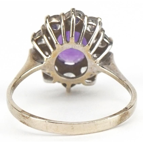 3404 - 14ct white gold amethyst and white spinel cluster ring, size Q, 3.3g