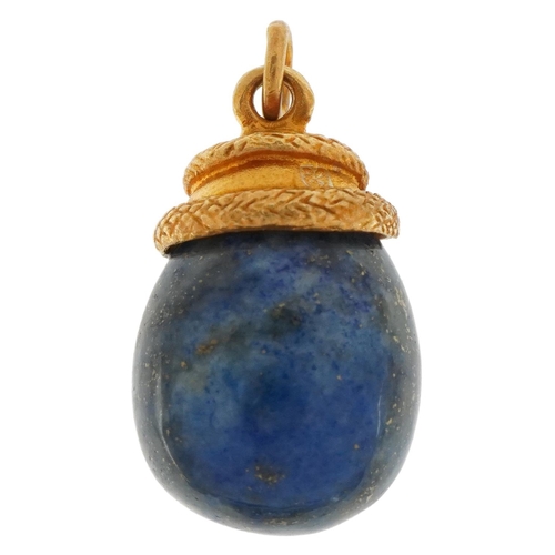 3614 - Silver gilt and lapis lazuli serpent egg pendant, impressed Russian marks, 3cm high, 13.5g