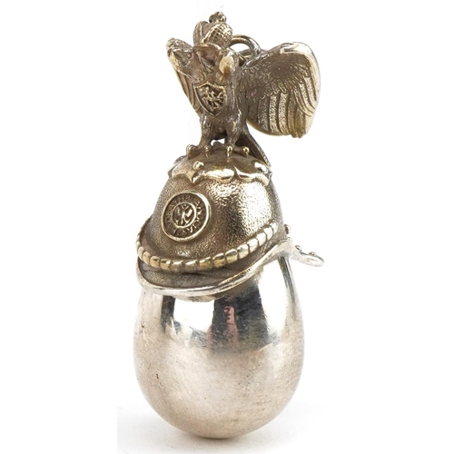 3630 - Silver gilt Russian helmet egg pendant, impressed Russian marks to the suspension loop, 4.5cm high, ... 