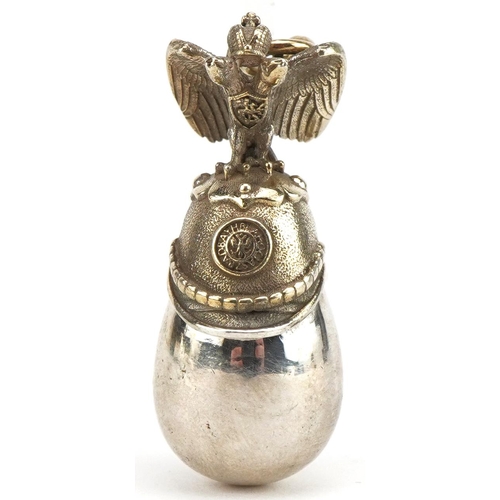 3630 - Silver gilt Russian helmet egg pendant, impressed Russian marks to the suspension loop, 4.5cm high, ... 