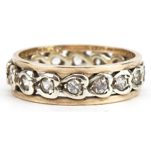 3050 - 9ct gold clear stone love heart eternity ring, size I, 2.9g