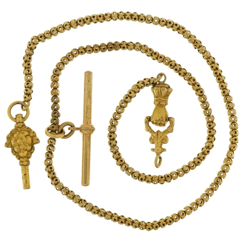 3049 - Antique unmarked gold and yellow metal ball link watch chain with hand design clasp and T bar, the l... 