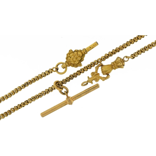 3049 - Antique unmarked gold and yellow metal ball link watch chain with hand design clasp and T bar, the l... 