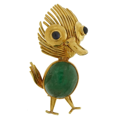 18ct gold comical duck brooch with cabochon emerald body and cabochon sapphire eyes, 4.5cm high, 9.8g