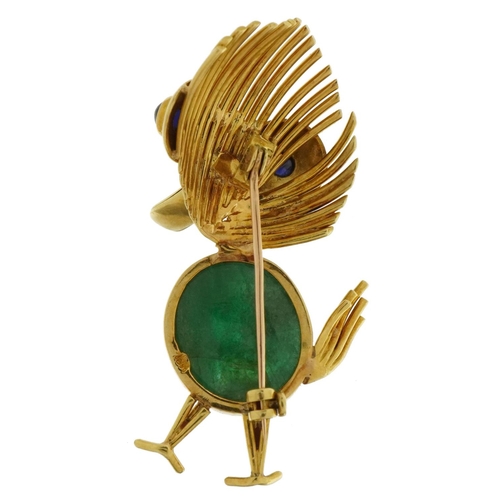 3038 - 18ct gold comical duck brooch with cabochon emerald body and cabochon sapphire eyes, 4.5cm high, 9.8... 