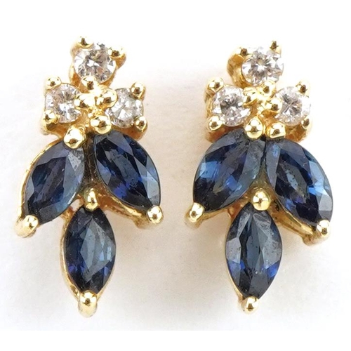 3567 - Pair of 18ct gold sapphire and diamond floral stud earrings, 11mm high, 2.1g