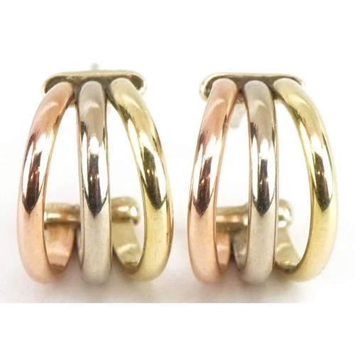 3556 - Pair of 9ct three tone gold half hoop earrings, 11mm high, 2.8g