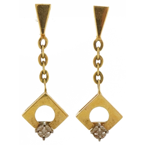 3665 - Pair of Modernist 9ct gold diamond solitaire drop earrings, 2.4cm high, 1.8g