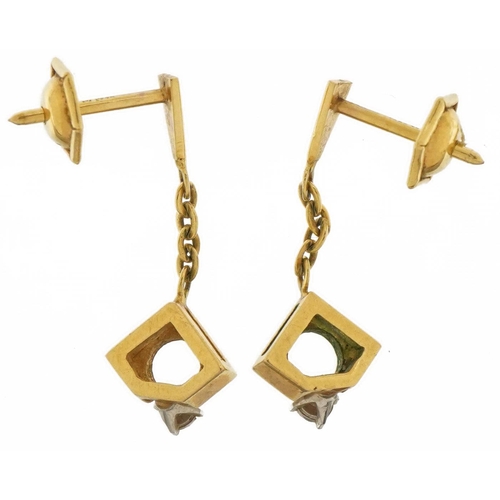 3665 - Pair of Modernist 9ct gold diamond solitaire drop earrings, 2.4cm high, 1.8g