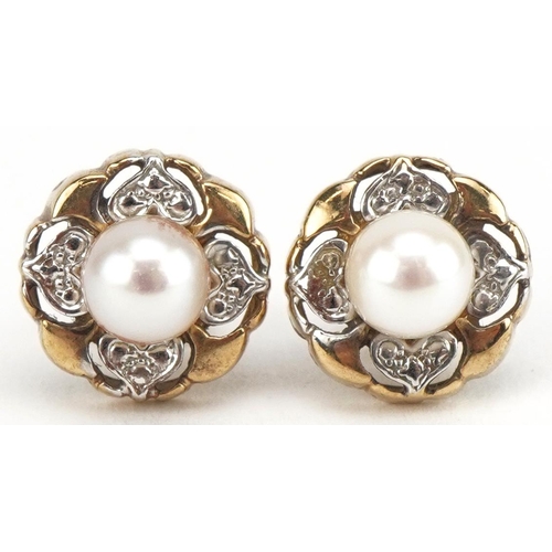 3695 - Pair of 9ct gold diamond cultured pearl stud earrings, 11mm in diameter, 2.8g