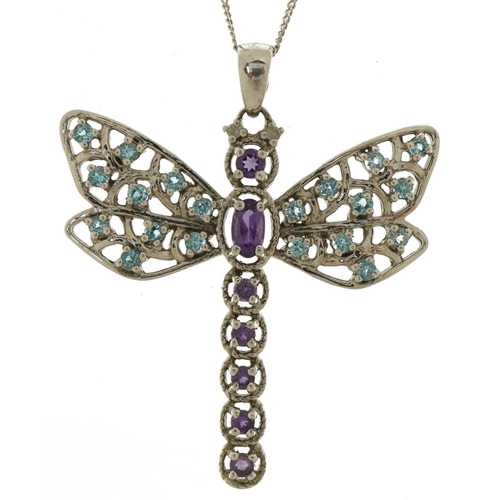 3358 - 9ct white gold dragonfly pendant set with diamonds, amethyst and blue topaz on a 9ct white gold neck... 