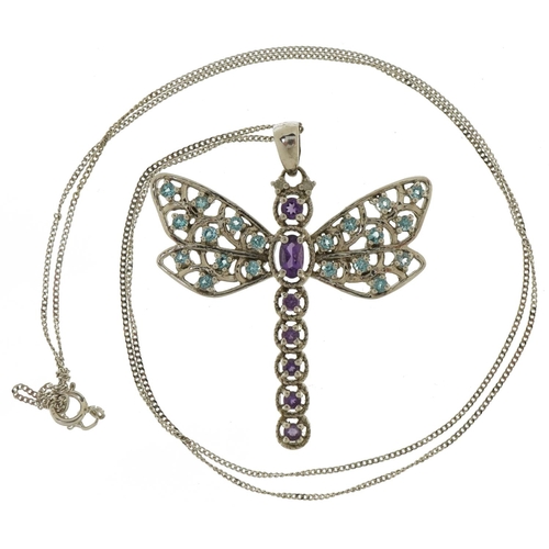 3358 - 9ct white gold dragonfly pendant set with diamonds, amethyst and blue topaz on a 9ct white gold neck... 