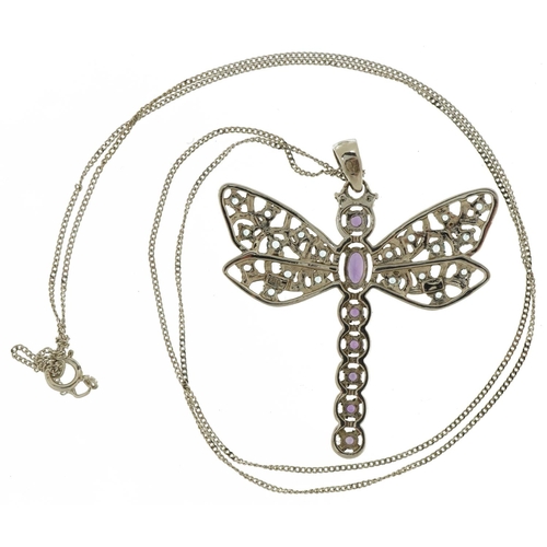 3358 - 9ct white gold dragonfly pendant set with diamonds, amethyst and blue topaz on a 9ct white gold neck... 