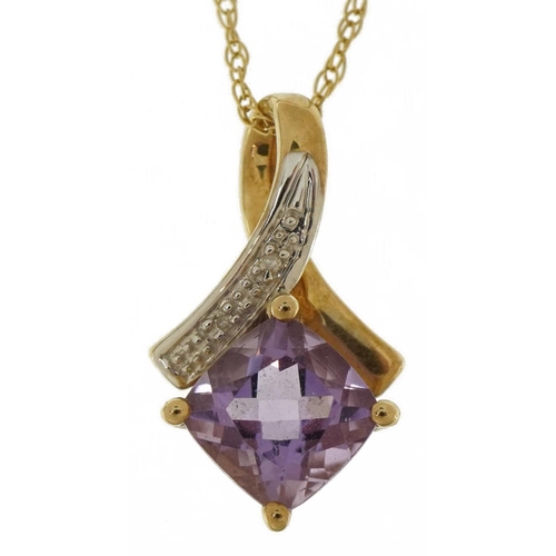 3474 - 9ct gold amethyst and diamond pendant on a 9ct gold necklace, 1.9cm high and 34cm in length, 2.0g