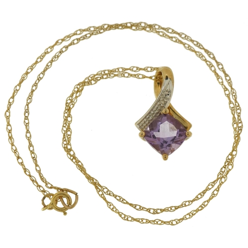 3474 - 9ct gold amethyst and diamond pendant on a 9ct gold necklace, 1.9cm high and 34cm in length, 2.0g