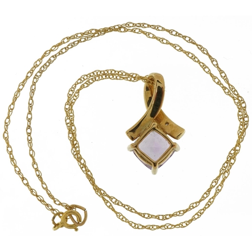 3474 - 9ct gold amethyst and diamond pendant on a 9ct gold necklace, 1.9cm high and 34cm in length, 2.0g