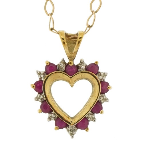 3407 - 9ct gold diamond and ruby love heart pendant on a 9ct gold necklace, 1.8cm high and 50cm in length, ... 