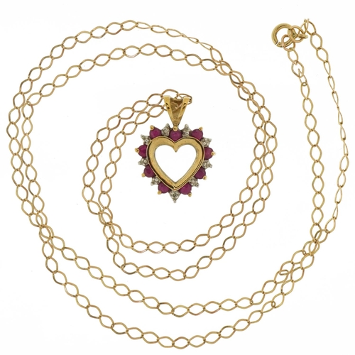 3407 - 9ct gold diamond and ruby love heart pendant on a 9ct gold necklace, 1.8cm high and 50cm in length, ... 