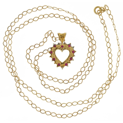 3407 - 9ct gold diamond and ruby love heart pendant on a 9ct gold necklace, 1.8cm high and 50cm in length, ... 