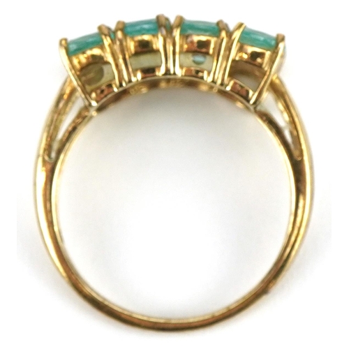 3097 - 9ct gold green iolite three row cluster ring, size N, 3.6g