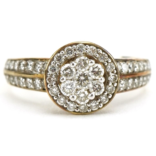 3021 - 9ct gold diamond flower head cluster ring with diamond set shoulders, total diamond weight approxima... 