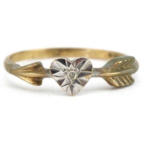 3477 - 9ct gold diamond solitaire love heart and arrow design ring, size O, 1.5g