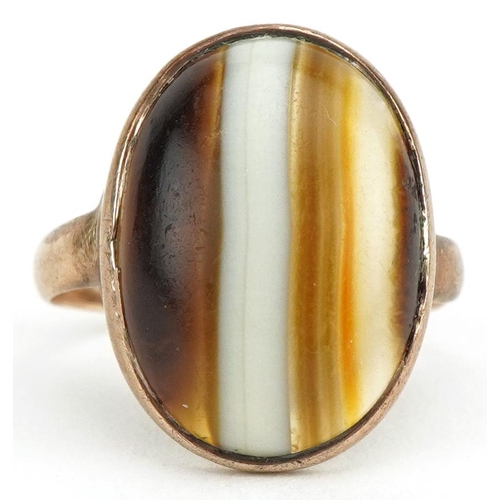 3410 - Antique 9ct gold cabochon Scottish agate ring, size C, 1.9g