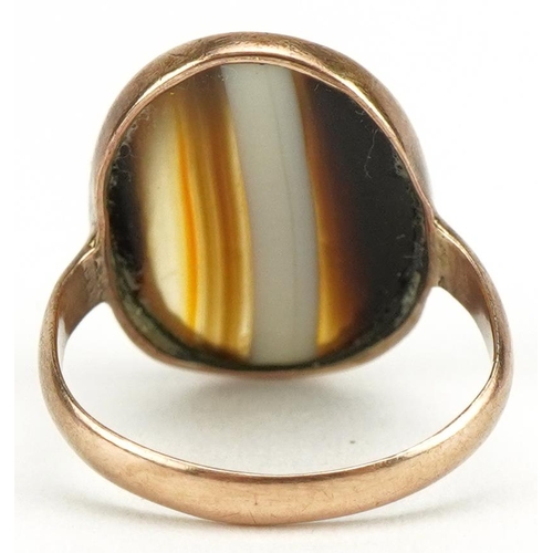 3410 - Antique 9ct gold cabochon Scottish agate ring, size C, 1.9g