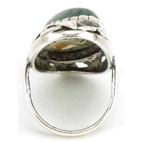 3691 - Arts & Crafts unmarked silver moss agate naturalistic ring, size F, 6.0g