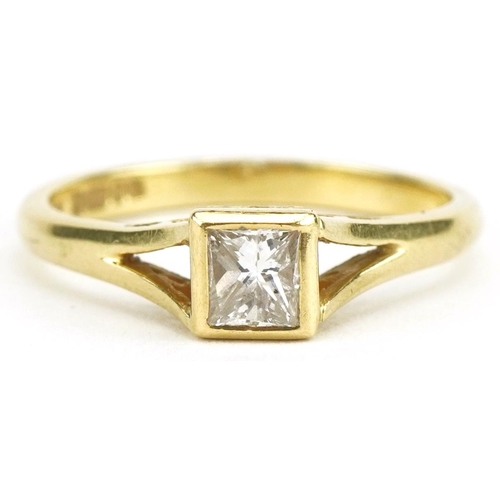 3073 - 18ct gold princess cut diamond ring, the diamond approximately 4.0mm x 4.0mm x 2.75mm deep, size N, ... 