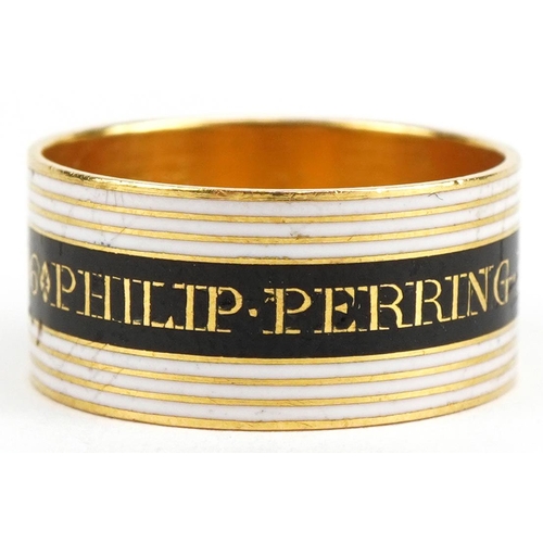 3013 - George III silver gilt, black and white enamel mourning ring inscribed Philip Perring. Esq. OB 7 Jul... 