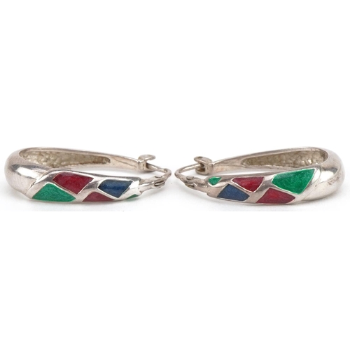 3686 - Pair of silver and enamel hoop earrings, 2.6cm high, 5.8g