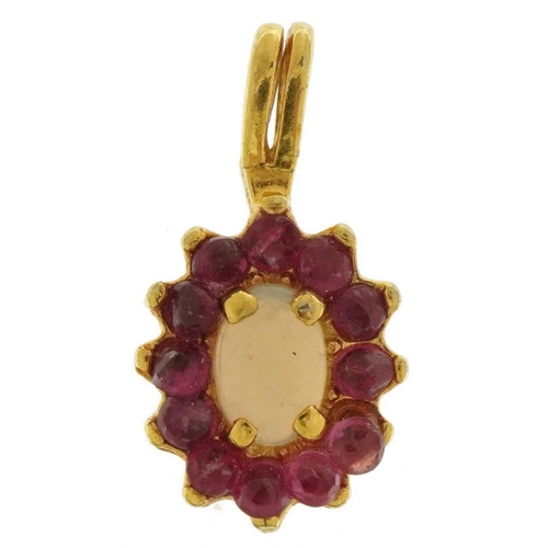 3347 - Yellow metal pink stone and opalescent pendant, 1.9cm high, 1.7g