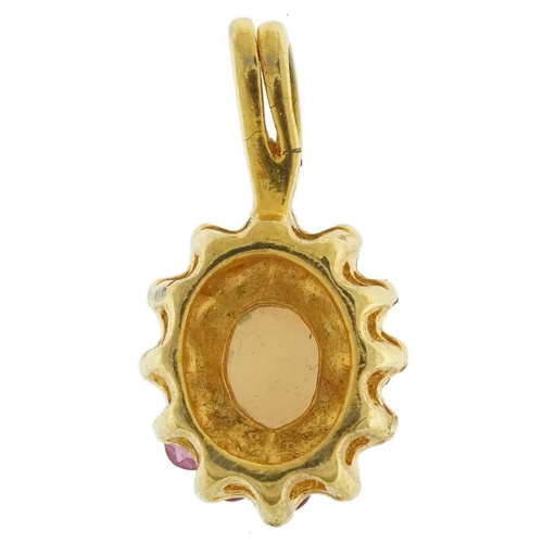 3347 - Yellow metal pink stone and opalescent pendant, 1.9cm high, 1.7g